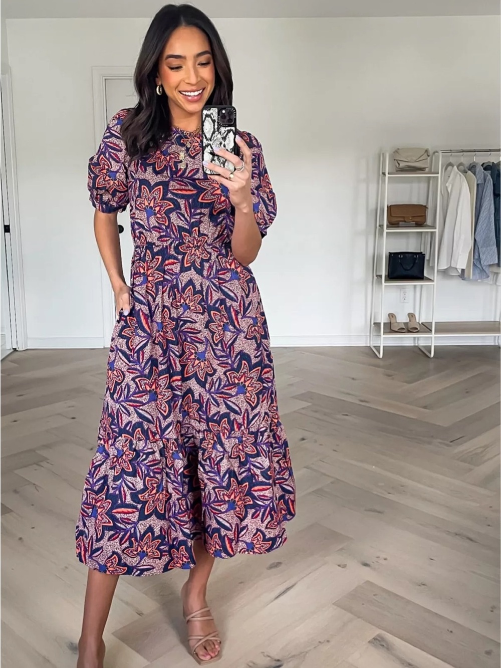 Evereve Noelle Open Back Floral 100% Cotton Puff Sleeve Maxi Dress Multi XS